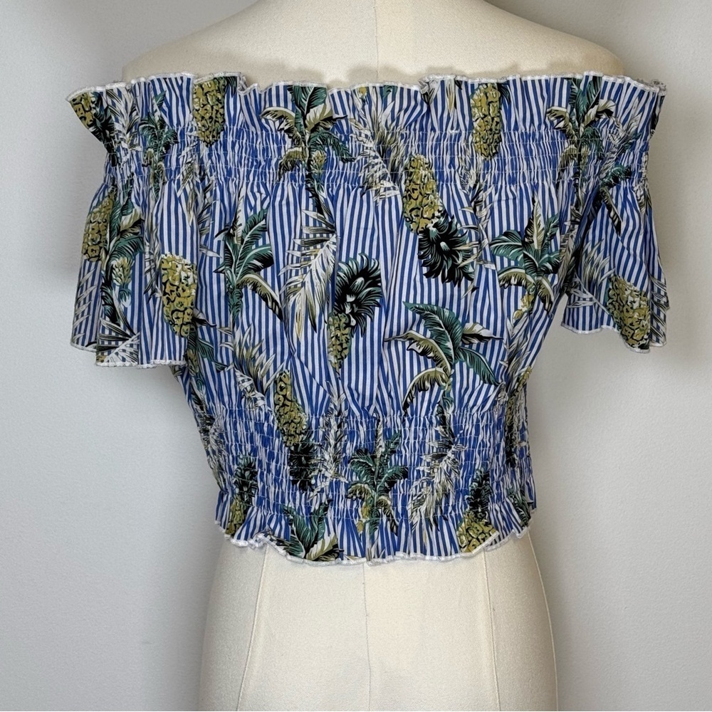 Choosy Off The Shoulder Crop Top Cotton Striped Tropical Print Women’s Size 10 - Picture 6 of 12